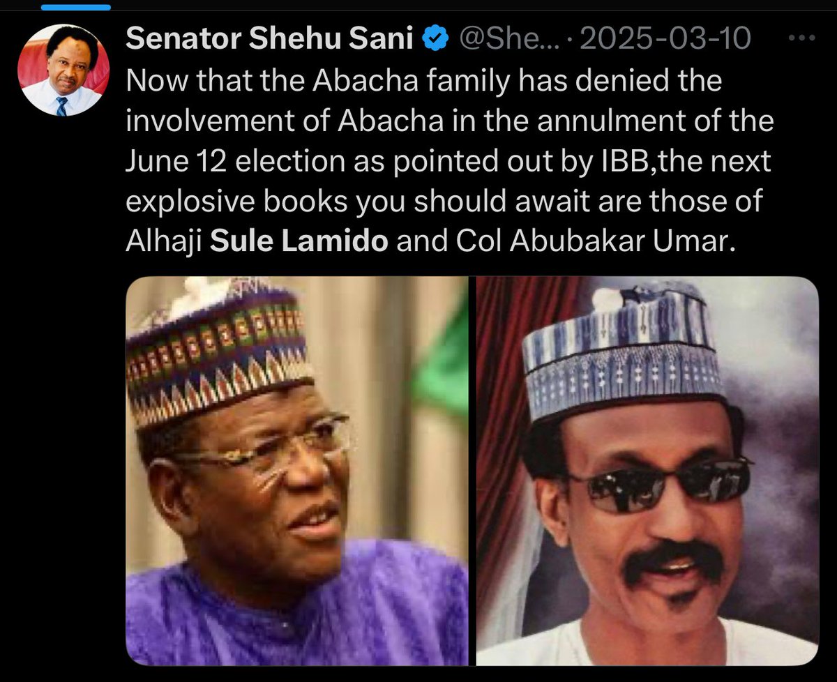 MyksonDosSantos's tweet photo. @EmmyPromise71 Sule Lamido who was SDP National Secretary, was at the forefront &amp; was jailed  is lying but you who weren't up to 7yrs old then &amp; possibly told stories about the June 12 annulment is right

Here is Sen. Shehu Sani tweeted that Alh Lamido knows what people don't know about June 12 https://t.co/SlHCXjv7xw