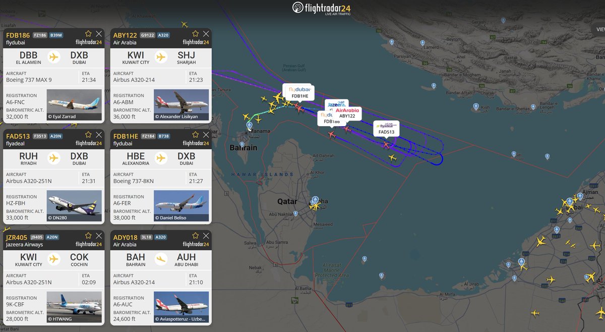 flightradar24's tweet photo. Lots of aircraft are forced to turned around because of the closure of UAE airspace. https://t.co/I2zMYPOvse