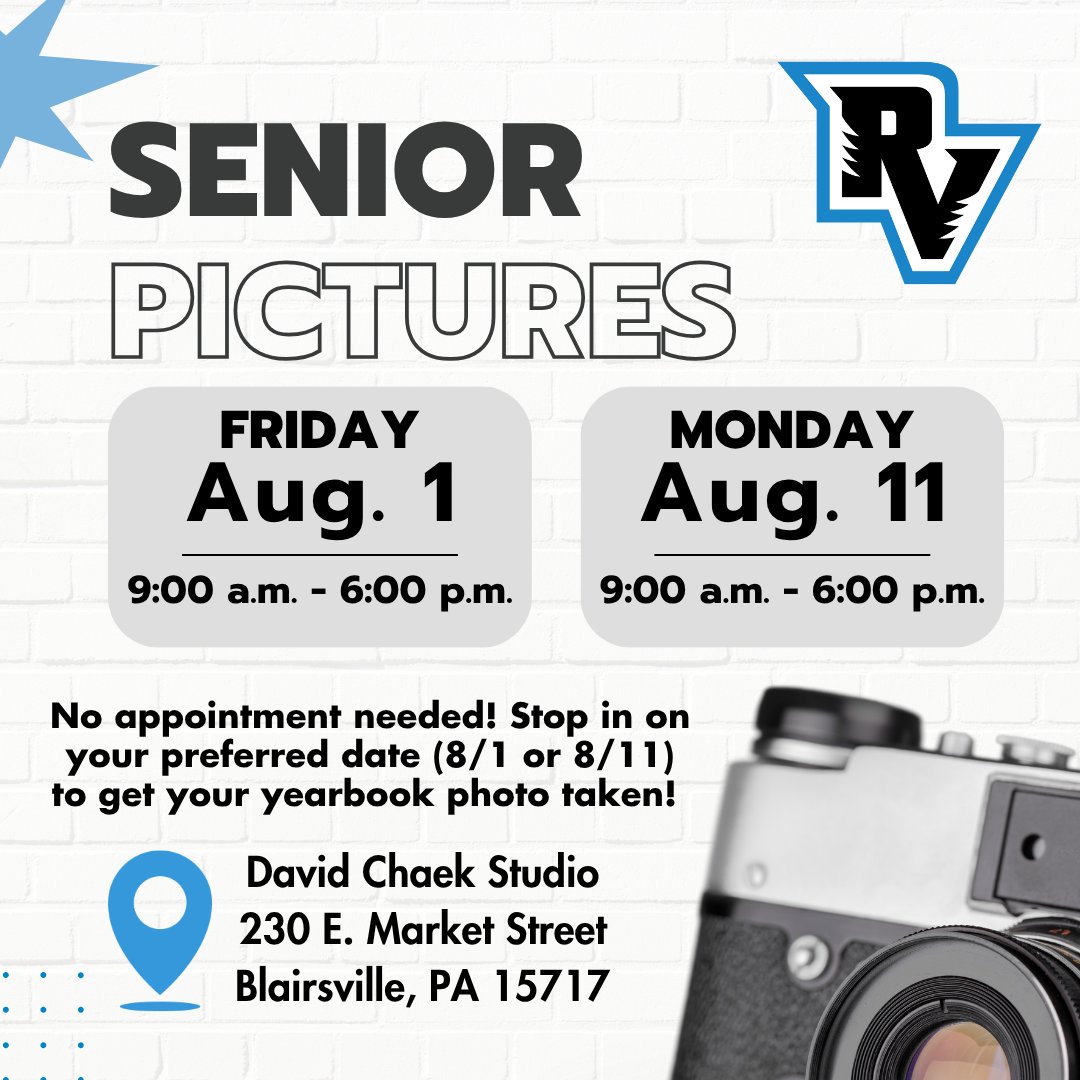 River Valley School District (@rvsdpanthers) on Twitter photo 📸 Attention Class of 2026! Senior picture days are set! 📸
📍David Chaek Studio
🗓️Friday, August 1, 2025 or Monday, August 11, 2025
🕘9 a.m. - 6 p.m.
No appointment needed!
rivervalleysd.org/url/news/news-…
<a href="/RVSDSuper/">Philip Martell</a> <a href="/rvhspanthers1/">River Valley High School</a> 📸 Attention Class of 2026! Senior picture days are set! 📸
📍David Chaek Studio
🗓️Friday, August 1, 2025 or Monday, August 11, 2025
🕘9 a.m. - 6 p.m.
No appointment needed!
rivervalleysd.org/url/news/news-…
<a href="/RVSDSuper/">Philip Martell</a> <a href="/rvhspanthers1/">River Valley High School</a>