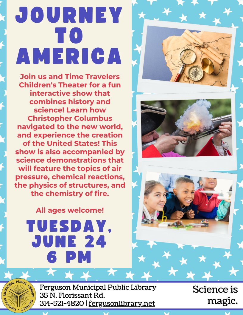 Tomorrow night at 6 pm! Join us for Journey to America, and enjoy a mash-up of history and science. All ages welcome!