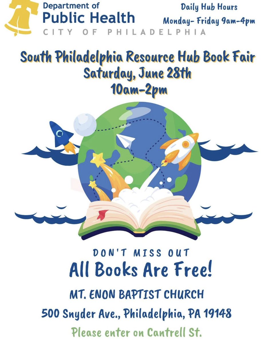 📚 Mark your calendar for the South Philly Resource Hub Book Fair!

All books are FREE — don’t miss your chance to stock up on summer reads for the whole family.

📅 Saturday, June 28
🕙 10 AM – 2 PM
📍 Mt. Enon Baptist Church, 500 Snyder Ave
🚪 Enter on Cantrell St.