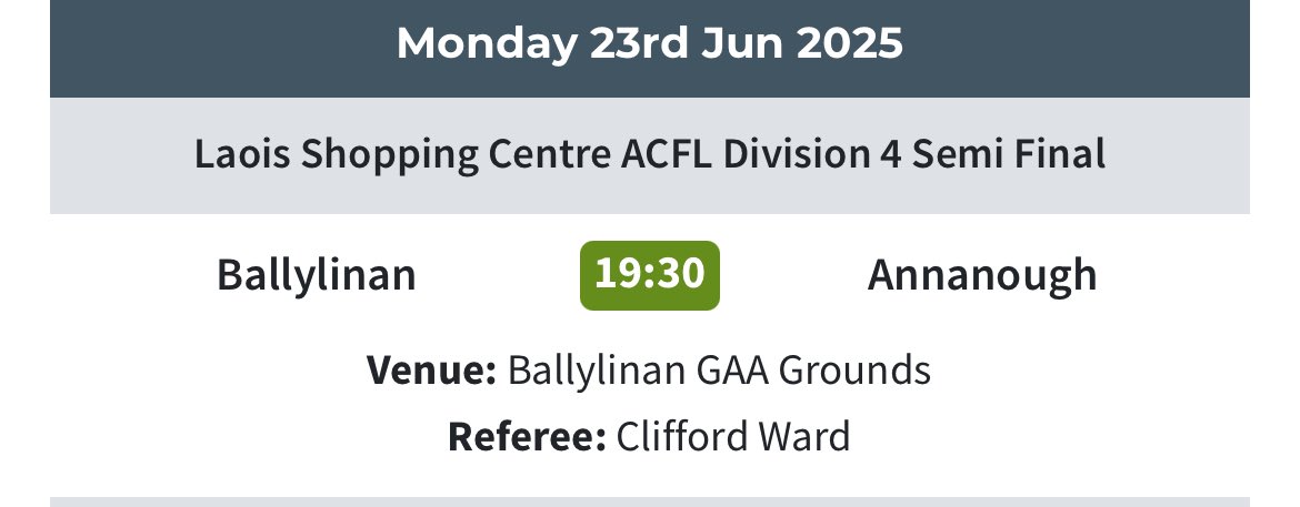 Annanough GAA (@annanoughgaa) on Twitter photo Laois ACFL Div 4 S/F
<a href="/BallylinanGAA/">BallylinanGAA</a> 🆚 <a href="/AnnanoughGAA/">Annanough GAA</a>
📍Ballylinan GAA
📆 Monday 23rd June 2025
⏱ 19.30hrs. Please support Laois ACFL Div 4 S/F
<a href="/BallylinanGAA/">BallylinanGAA</a> 🆚 <a href="/AnnanoughGAA/">Annanough GAA</a>
📍Ballylinan GAA
📆 Monday 23rd June 2025
⏱ 19.30hrs. Please support