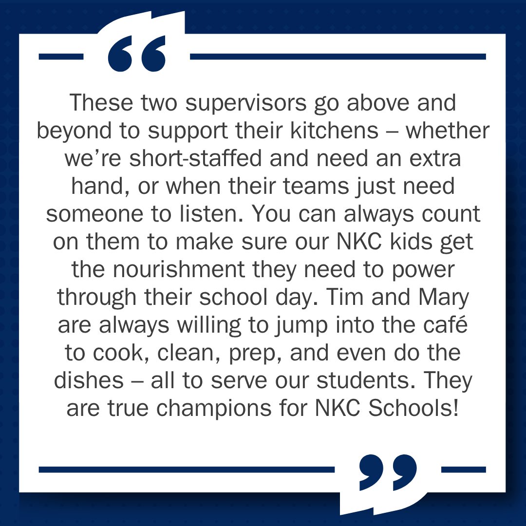 SHOUT OUT to Mary Davis &amp; Tim Lake, #NKCChampions in Food &amp; Nutrition Services! Whether helping out when things get hectic or simply being there to support their teams, they always make sure our kids are nourished &amp; ready to learn. Thanks for leading with heart and hustle!