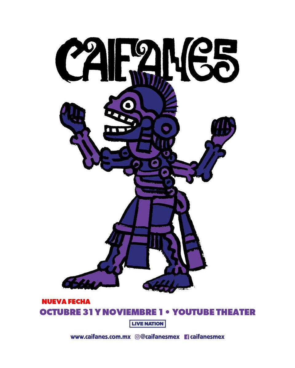 Segunda fecha agregada!  Por demanda popular, Caifanes agrega una segunda presentación en #YouTubeTheater el 31 de octubre de 2025, además de su show ya programado para el 1 de noviembre.
 ⁠
¡No te pierdas a CAIFANES en vivo! Boletos a la venta este viernes a las 10AM.