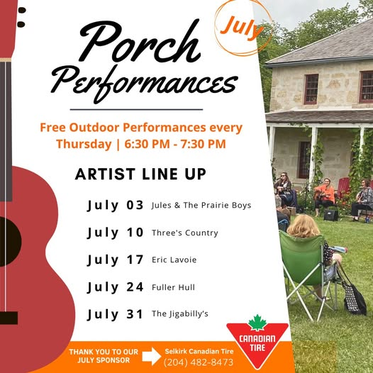 Summer Porch Performances are Back! Free outdoor concerts every Thursday evening in July &amp; August from 6:30pm to 7:30pm at the St. Andrews Heritage Centre. Enjoy live music, bring a lawn chair or settle in at one of our many picnic tables. More info at standrewsrectory.ca