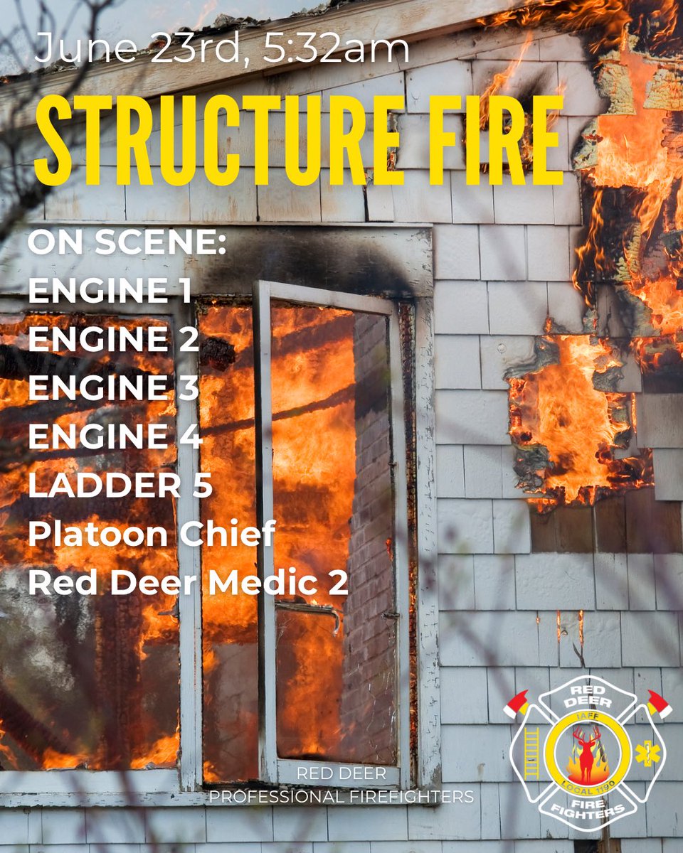 June 23rd | 5:32am Structure Fire

Early Monday morning, a residential structure fire broke out, every single available fire engine and ladder truck in the city responded:
Engine 1, Engine 2, Engine 3, Engine 4, Ladder 5, the Platoon Chief, and Red Deer Medic 2 were all on scene.