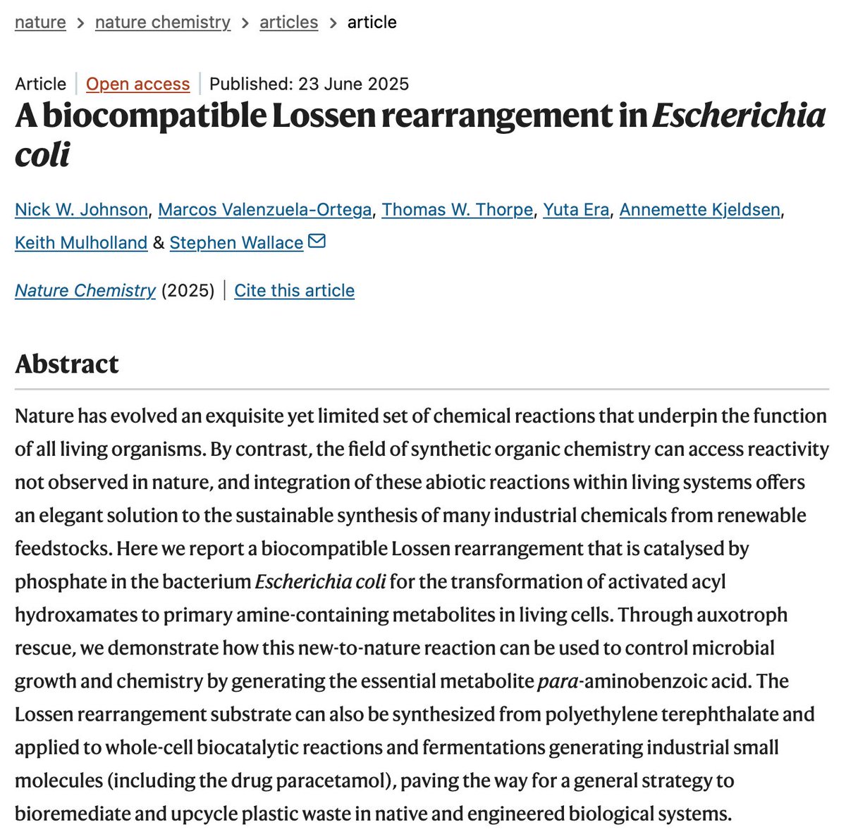 Using E. coli to convert post-consumer PET plastic into acetaminophen.

The researchers discovered a biocompatible Lossen rearrangement; it uses phosphate as a catalyst.

They start the Lossen rearrangement in phosphate buffer and add E. coli; PET to acetaminophen at 92% yield.