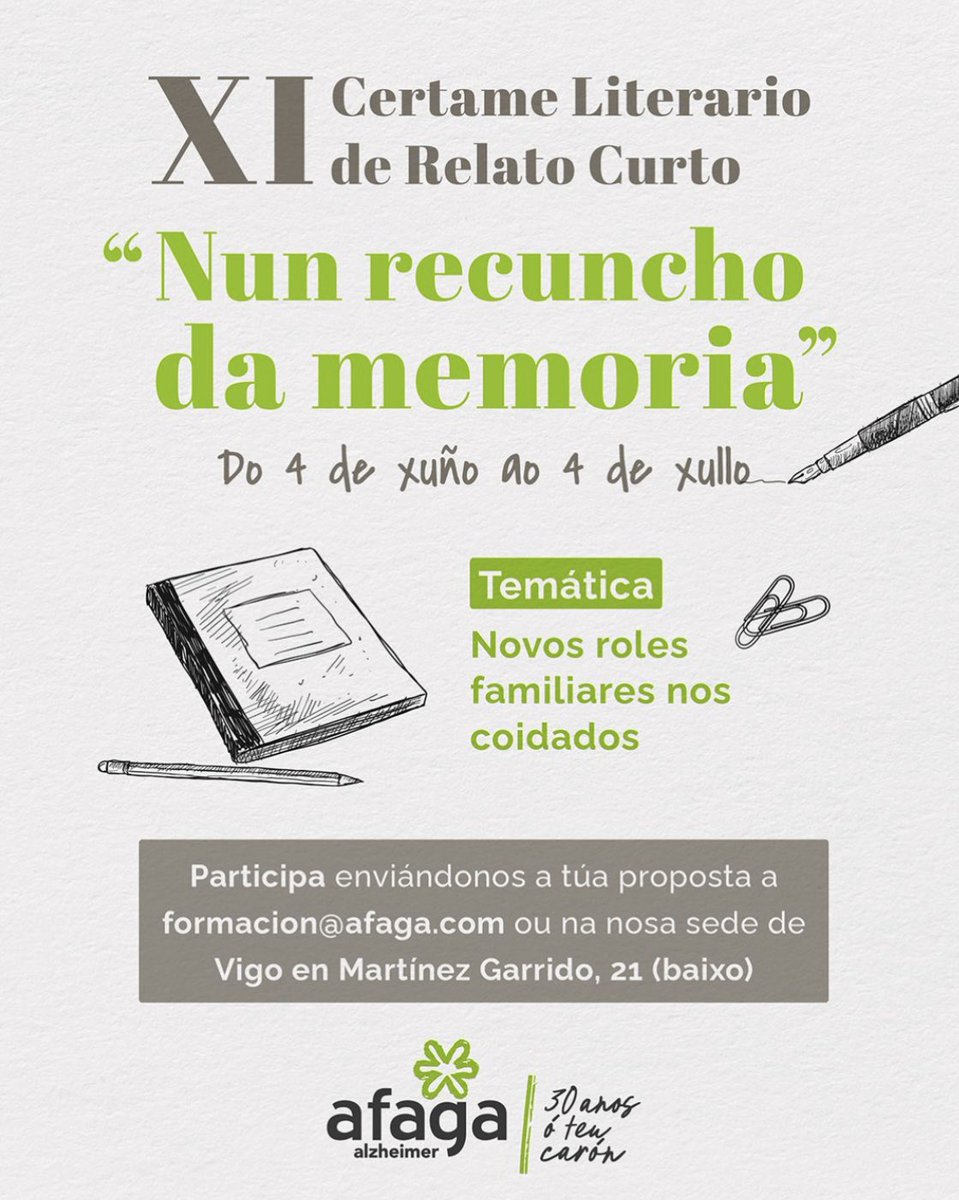 CFisioterapeutasCV (@icofcv) on Twitter photo 📚 XI Certamen Literario de Relato Corto 2025: “En un rincón de la memoria”
📝 Tema: Nuevos roles familiares en los cuidados
📅 Plazo: 4/06 – 4/07
🌍 Idiomas: gallego o castellano
🏆 Premio por idioma
📩 Envía tu relato a formacion@afaga.com
📖 Bases: afaga.com/wp-content/upl… 📚 XI Certamen Literario de Relato Corto 2025: “En un rincón de la memoria”
📝 Tema: Nuevos roles familiares en los cuidados
📅 Plazo: 4/06 – 4/07
🌍 Idiomas: gallego o castellano
🏆 Premio por idioma
📩 Envía tu relato a formacion@afaga.com
📖 Bases: afaga.com/wp-content/upl…