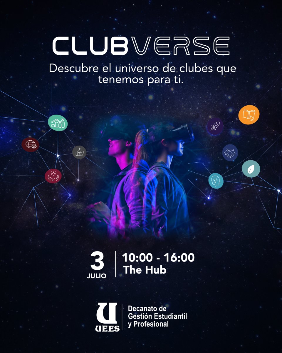 🌌 ¡El universo de los clubes estudiantiles está por abrir sus puertas!

Te invitamos a vivir la experiencia del Clubverse: un viaje al metaverso donde la creatividad, el talento y el liderazgo de nuestros estudiantes brillan en cada rincón.

🗓 Jueves 3 de julio
🕚 10:00 - 16:00