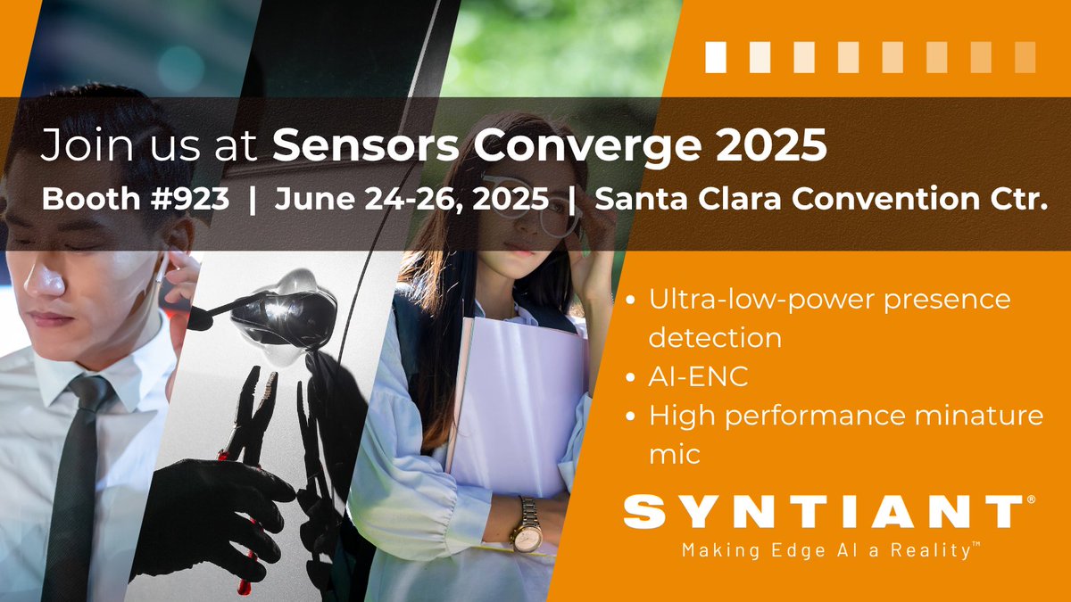 Syntiant Corp. (@syntiantcorp) on Twitter photo Headed to <a href="/SensorsConverge/">Sensors Converge</a> this week and will be demoing a host of intelligent sensor and AI-enabled technologies. Click to read more and book at meeting. #SensorsConverge2025
syntiant.com/news/syntiant-… Headed to <a href="/SensorsConverge/">Sensors Converge</a> this week and will be demoing a host of intelligent sensor and AI-enabled technologies. Click to read more and book at meeting. #SensorsConverge2025
syntiant.com/news/syntiant-…