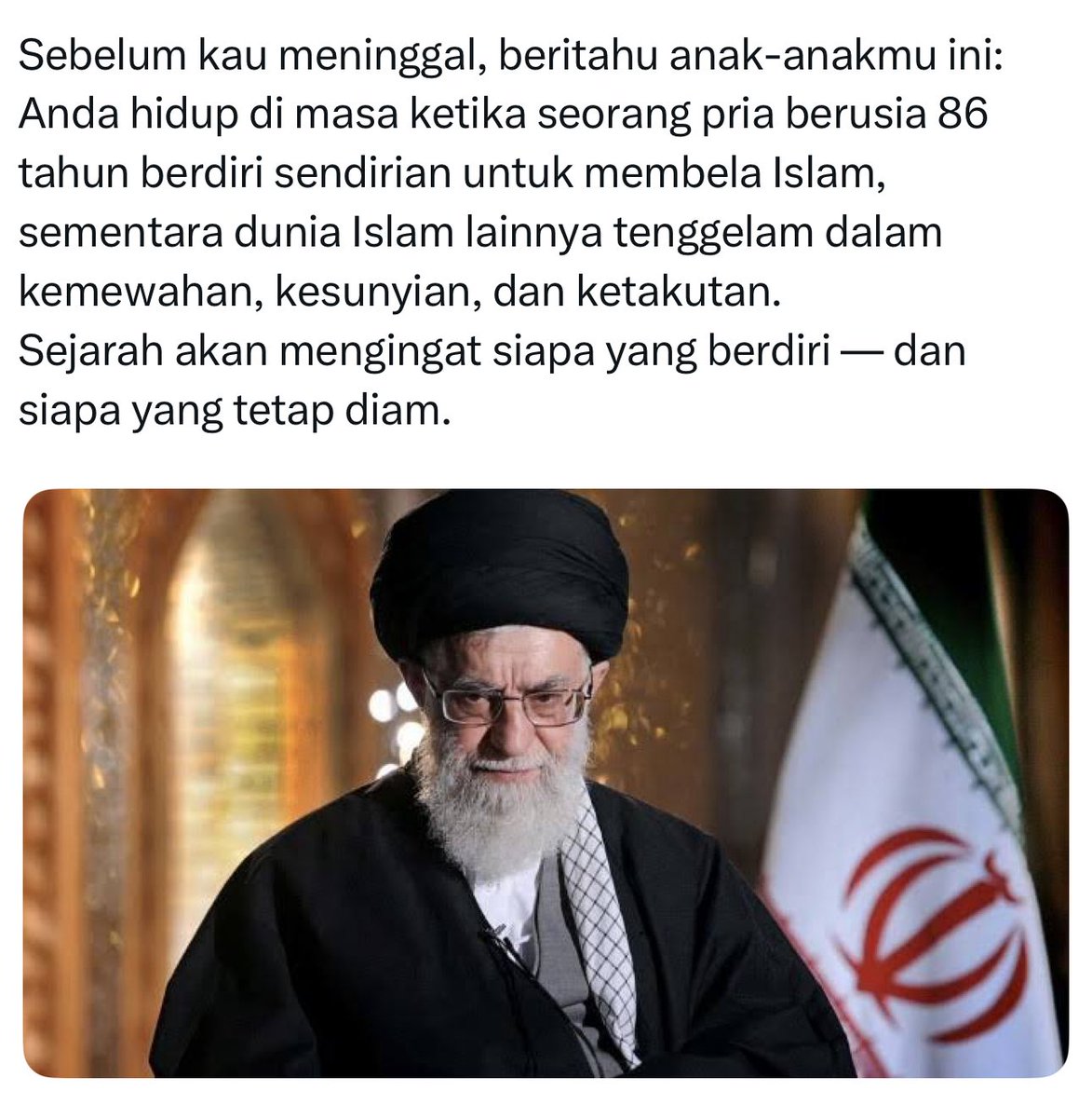 ✍️
Sepenggal pesan jelang serangan Iran malam ini ke sejumlah pangkalan militer Amerika di Timur Tengah.