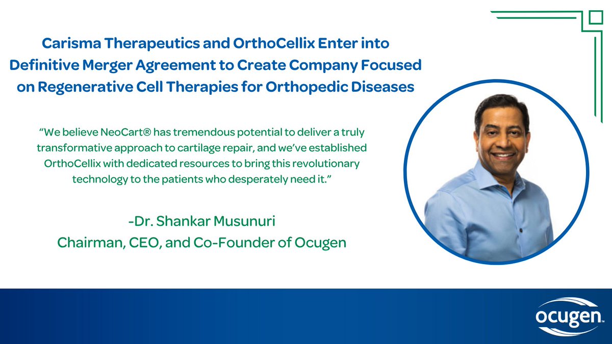 Ocugen (@ocugen) on Twitter photo Ocugen’s OrthoCellix is merging with <a href="/CarismaTher/">Carisma Therapeutics</a>! The new company will advance NeoCart® into Phase 3 for knee cartilage repair, while Ocugen focuses on gene therapy breakthroughs.
Read more: bit.ly/3HUmvoB.
#Biotech #NeoCart #GeneTherapy Ocugen’s OrthoCellix is merging with <a href="/CarismaTher/">Carisma Therapeutics</a>! The new company will advance NeoCart® into Phase 3 for knee cartilage repair, while Ocugen focuses on gene therapy breakthroughs.
Read more: bit.ly/3HUmvoB.
#Biotech #NeoCart #GeneTherapy