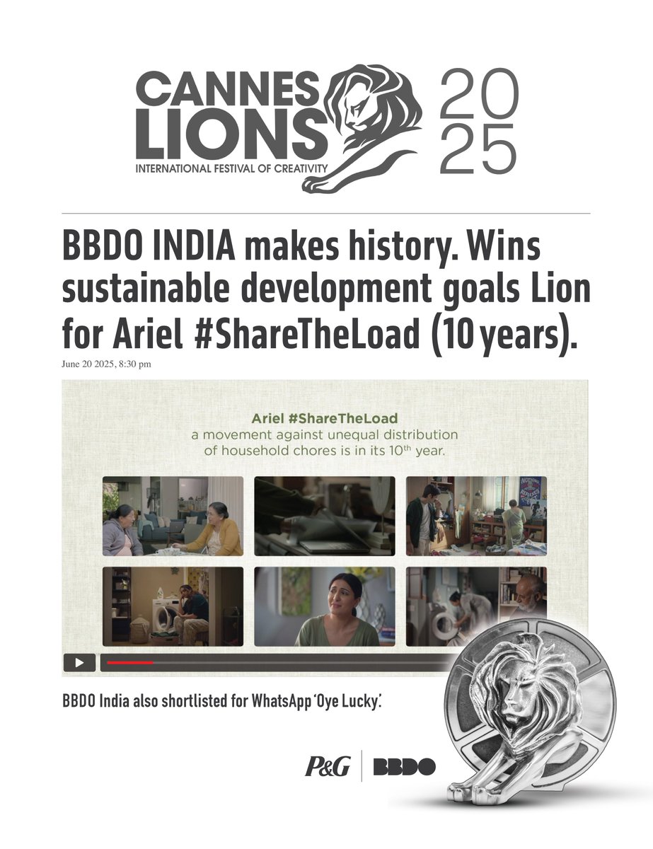 Proud moment at #CannesLions! 
Silver for Ariel #ShareTheLoad in SDG Lions — 10 years of sparking change at home. And a shortlist for WhatsApp ‘Oye Lucky’ — full of heart, humour &amp; rhythm. Cheers to our team, clients &amp; partners! 
<a href="/BBDOWorldwide/">BBDO Worldwide</a> <a href="/BBDOINDIA/">BBDO INDIA</a> <a href="/ProcterGamble/">Procter & Gamble</a> <a href="/WhatsApp/">WhatsApp</a>