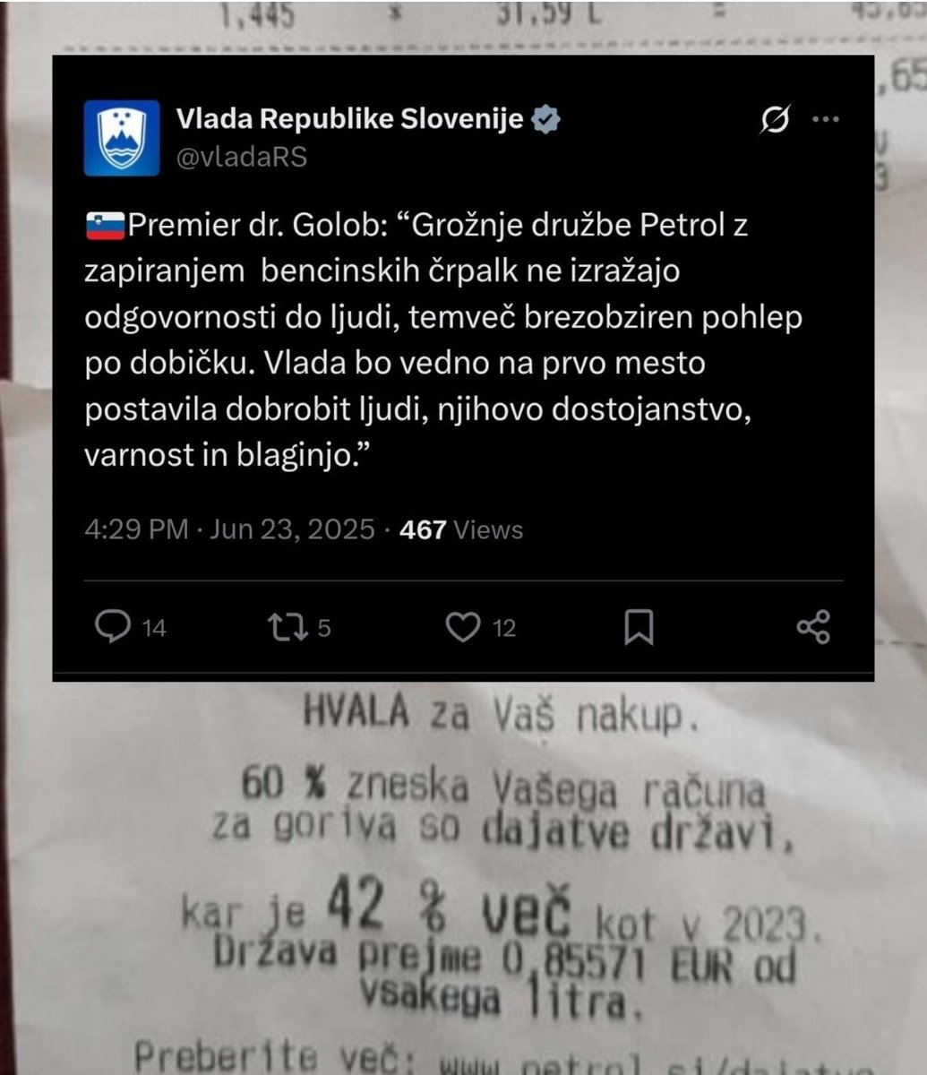 Glede na to, da Petrol dobi 7% od vsakega € prodanega goriva, država pa 60% marbit prav VI ne bi glih o *brezobzirnem pohlepu*. Če res na prvo mesto postavljate dobrobit ljudi, pa vi prepolovite vaše marže! Ne? Zakaj ne?