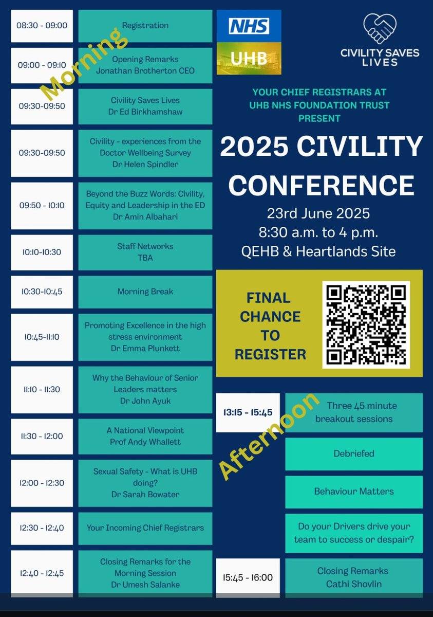 UmeshSalanke's tweet image. Proud of our Chief Registrars Helen Spindler, Mehreen Malik, Mo Mirza & Resident doctors designing and delivering a wonderful Civility Conference & Engagement sessions
@uhbtrust @UHBMedAcademy
@amypassey16