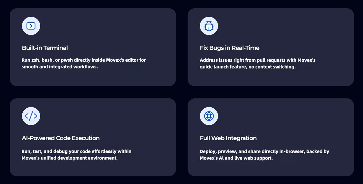 OxMovex's tweet photo. Movex AI: All-in-one dev power!
From built-in terminals to AI-driven code execution, debug and deploy seamlessly.
#Movex #AI #DevTools https://t.co/MfXZPgTvQP