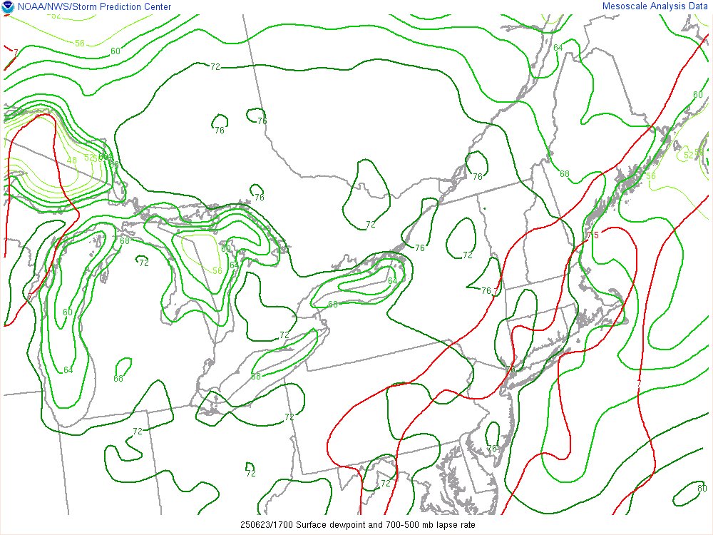 The combination of surface dew points in the mid 70s and an EML overhead (mid-level lapse rates >7 C/km) is resulting in extreme CAPE over the Northeast today with some values exceeding 5000 J/Kg, which is record territory in the region according to SPC Sounding Climatology.