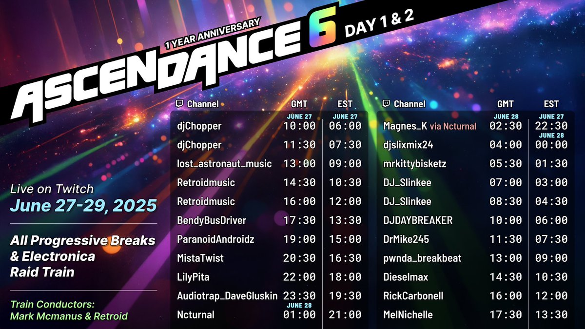 We  are thrilled to announce Ascendance #6 our 1 year anniversary reunion  online event will be from June 27-29! As 39 of the world’s top DJs and  producers in melodic and progressive breaks gather for a 3-day event,  featuring the largest lineup to date on Twitch!