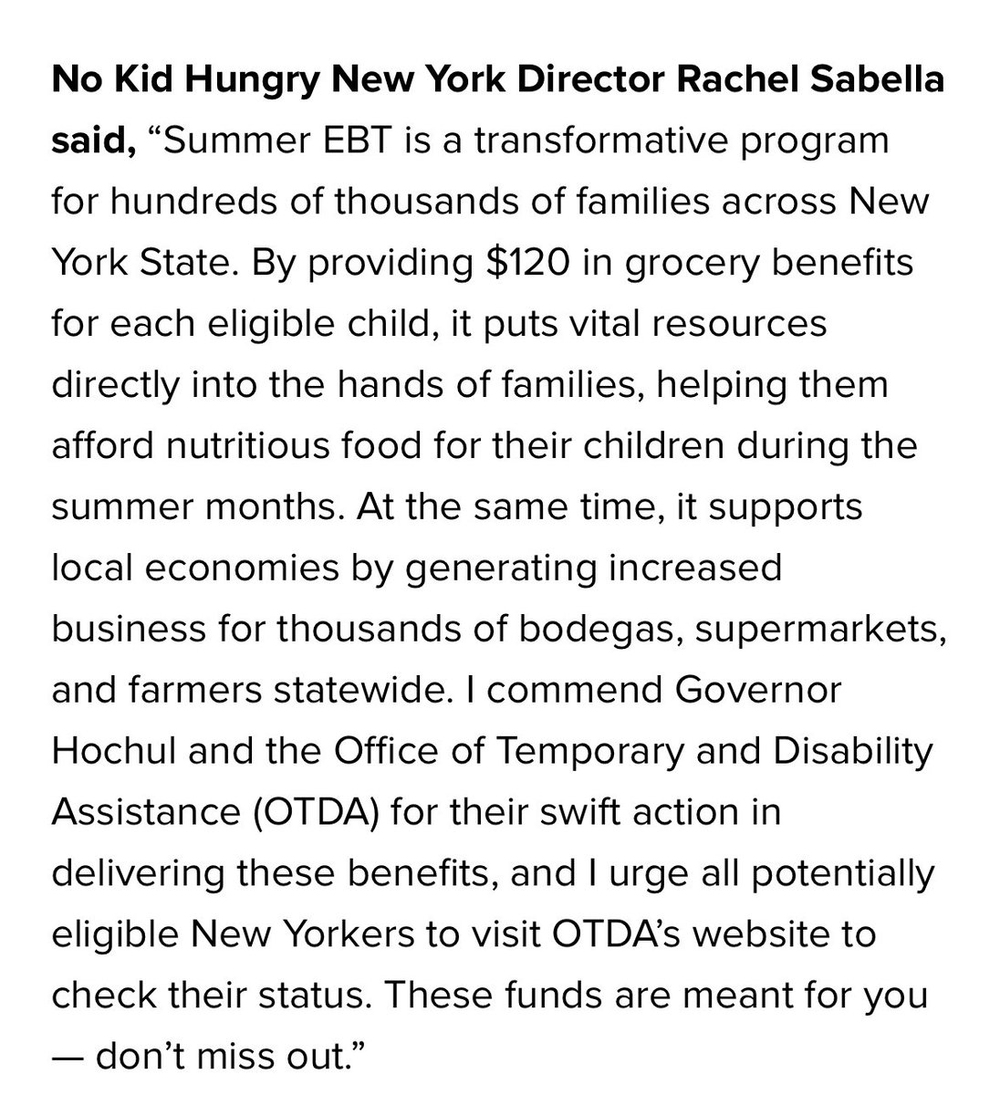 No Kid Hungry New York (@nokidhungryny) on Twitter photo Great news for families in NY! Thank you <a href="/GovKathyHochul/">Governor Kathy Hochul</a> and <a href="/nysotda/">NYS OTDA</a> for leading the way on #SummerEBT. This program is a game-changer for families and <a href="/nokidhungry/">No Kid Hungry</a> is proud to partner to get the word out! Great news for families in NY! Thank you <a href="/GovKathyHochul/">Governor Kathy Hochul</a> and <a href="/nysotda/">NYS OTDA</a> for leading the way on #SummerEBT. This program is a game-changer for families and <a href="/nokidhungry/">No Kid Hungry</a> is proud to partner to get the word out!