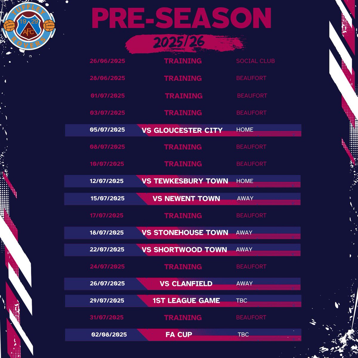 The first team squad start pre-season training this week &amp; have a full programme of fixtures to keep us busy until the 2025/26 <a href="/HellenicLeague/">Hellenic League</a> starts.

New &amp; returning players looking to play Step 5 are welcome at training, ahead of our first fixture v <a href="/GCAFCofficial/">Gloucester City AFC</a> on 5 July.