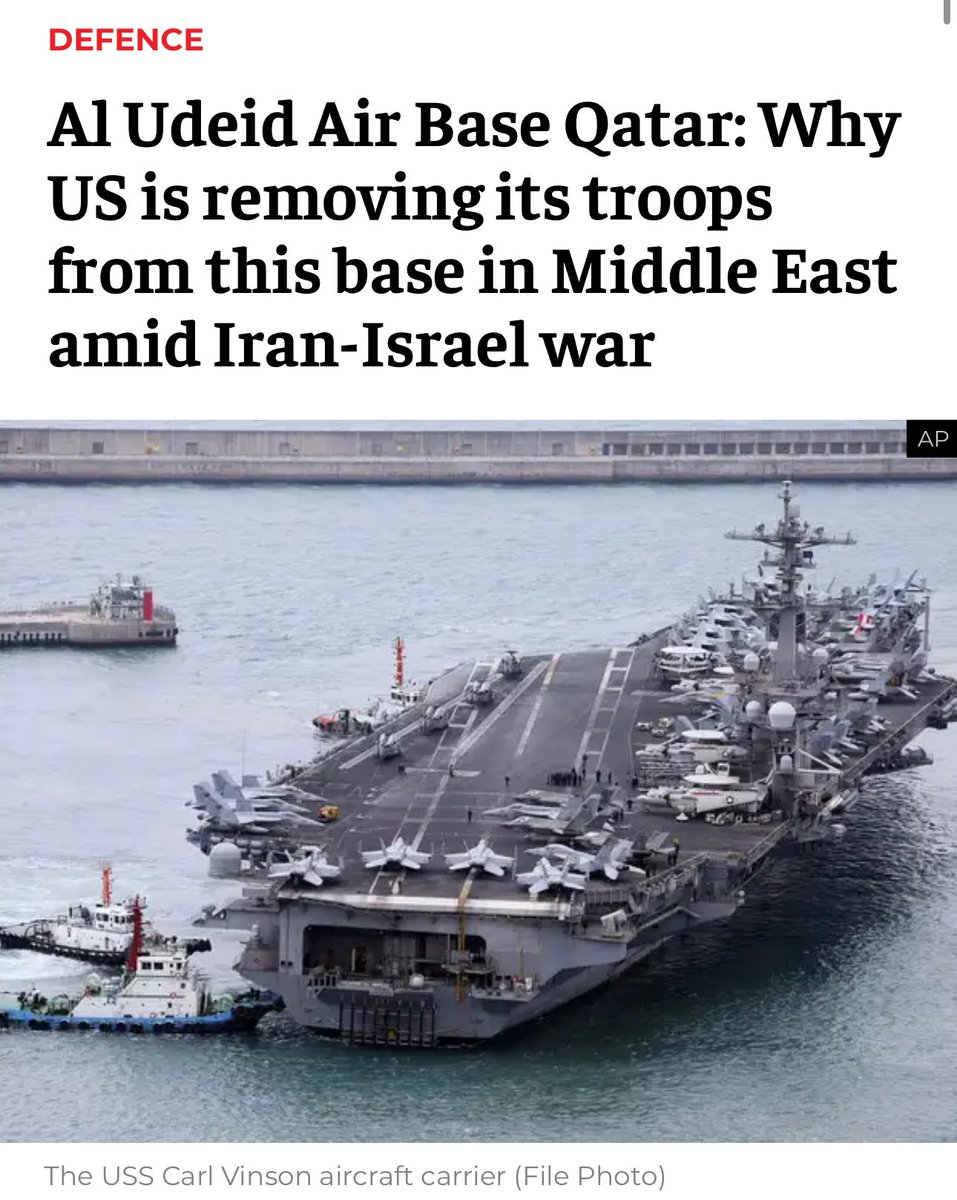 🇮🇷🇺🇸🚨‼️ IRAN ATTACKS AN EMPTY BASE IN QATAR!? 

“The United States has removed nearly 40 military aircraft from Al Udeid Air Base in Qatar between June 5 and June 19, according to satellite imagery, as the Iran-Israel conflict escalates.“

-&gt; It was a deal! Very likely!

1/