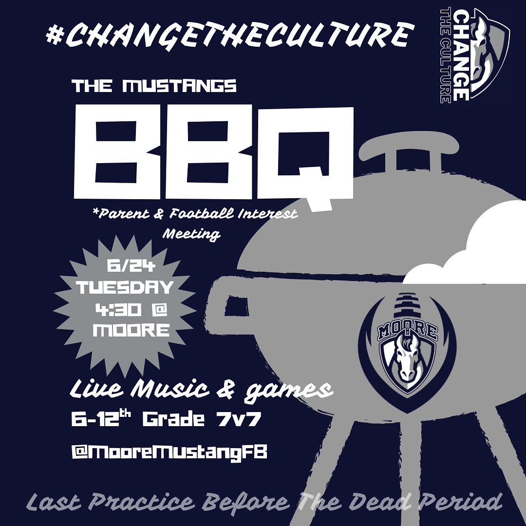 🗣️ Mustang Football Cookout! 🏈 

Come celebrate the off-season with the Football Program —food, games, music, and fun!    
🔥 Team Practice: 7v7 Flag Football
🍕 Food &amp; Drinks
🎯 Games, Music &amp; Fun 

👪 Parent Meeting &amp; New Player Meeting to Wrap Up Before the Dead Period !!