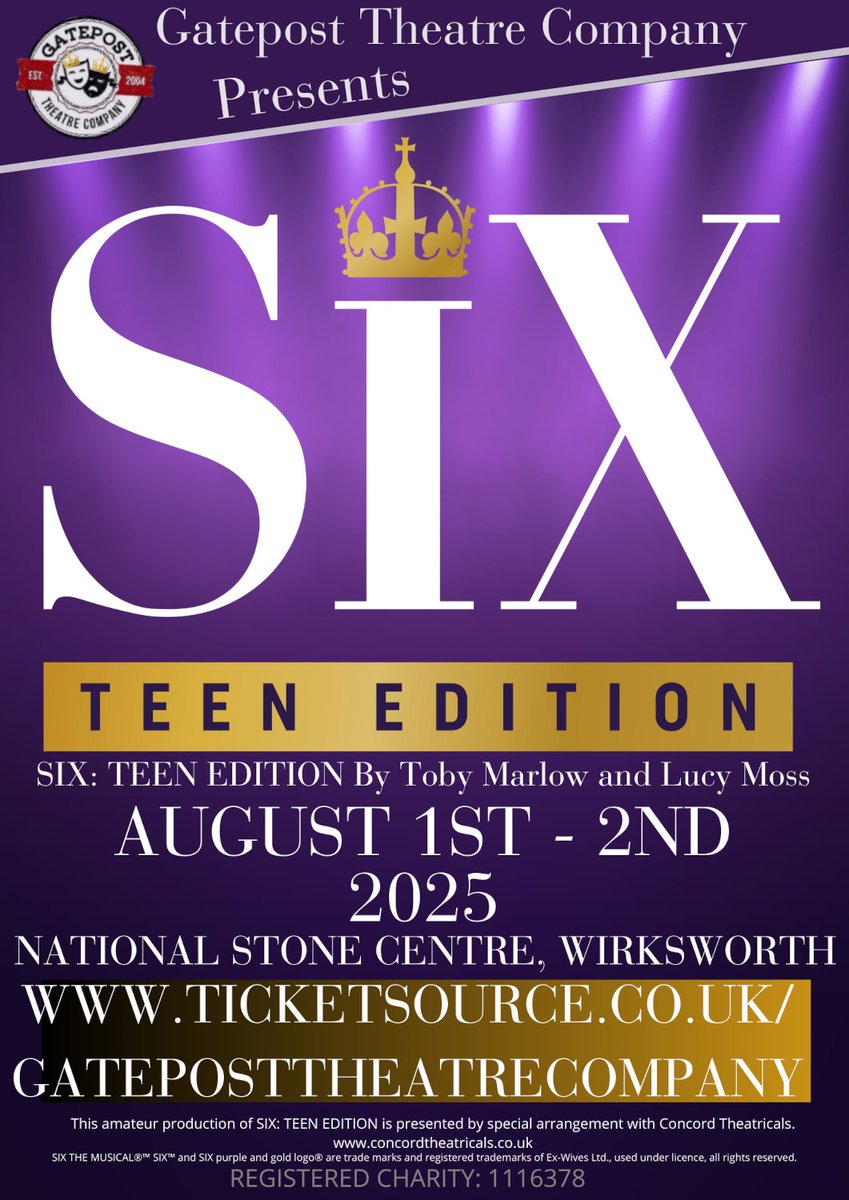 Six: Teen Edition will be presented by Gatepost Theatre Company at The National Stone Centre, Wirksworth from 01/08/2025 to 02/08/2025
derbyartsandtheatre.org.uk/event/1113