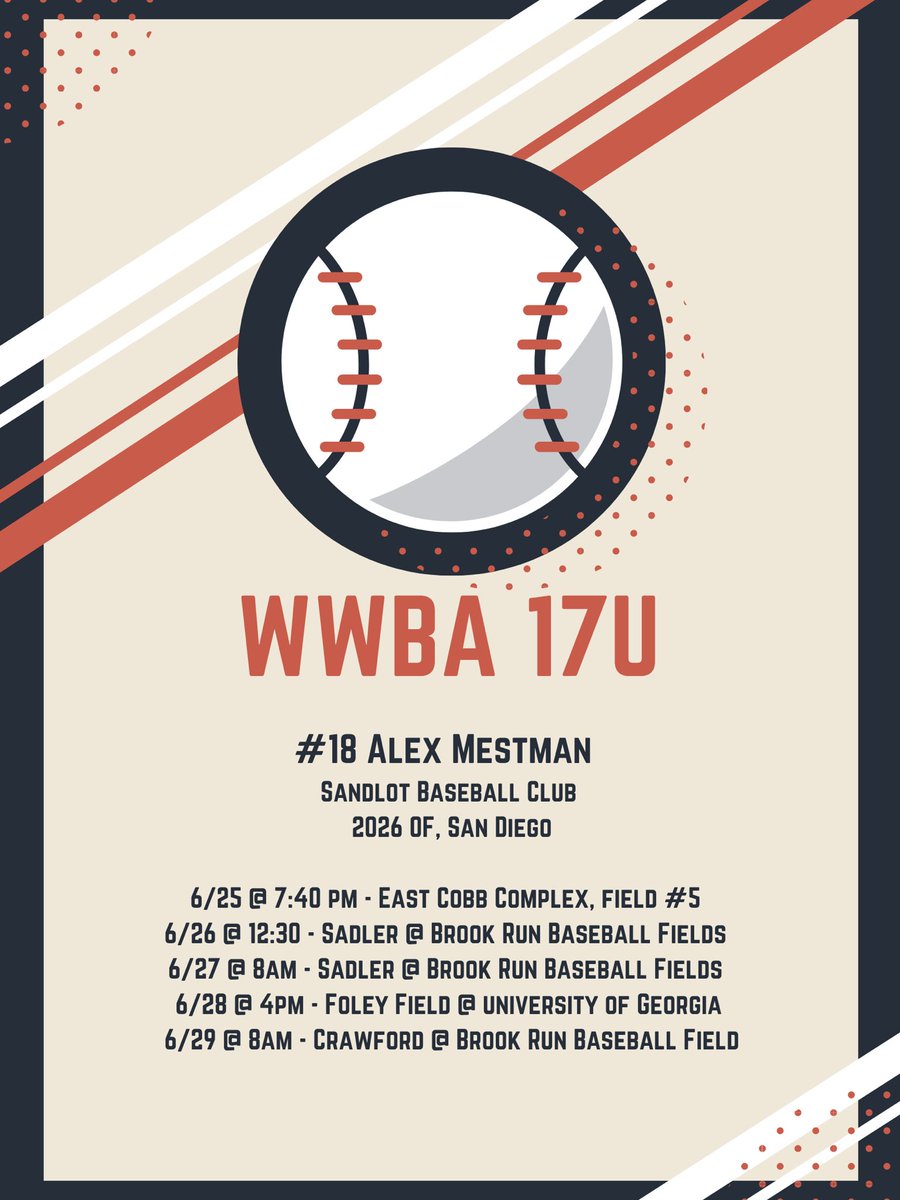 Alex Mestman (@alexmestman) on Twitter photo Excited to return to Atlanta for the 17u WWBA 6/25-7/2. I will be playing with Coach Scottie Tenen and <a href="/Sandlot805/">Sandlot Baseball Club</a>. Here is my schedule for the first 5 games Excited to return to Atlanta for the 17u WWBA 6/25-7/2. I will be playing with Coach Scottie Tenen and <a href="/Sandlot805/">Sandlot Baseball Club</a>. Here is my schedule for the first 5 games