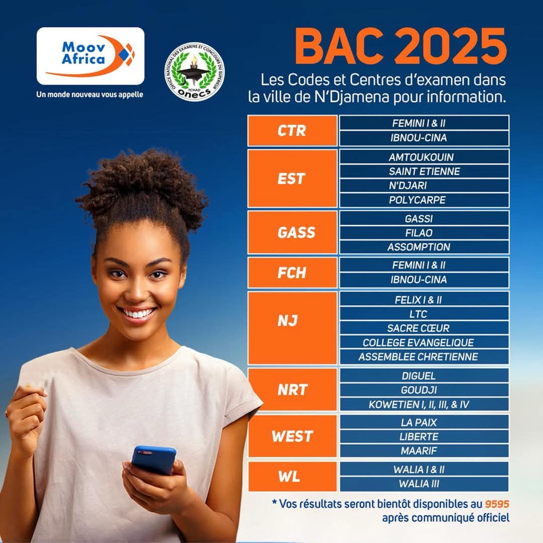 🤩🥳ALERTE🥳🤩

Les résultats du Bac 2025 bientôt disponibles.

Familiarisez-vous avec les différents codes des centres d'examen pour éviter les erreurs dans la saisie de votre MATRICULE.

Restez connectés.

#bac2025
#moovafricatchad
