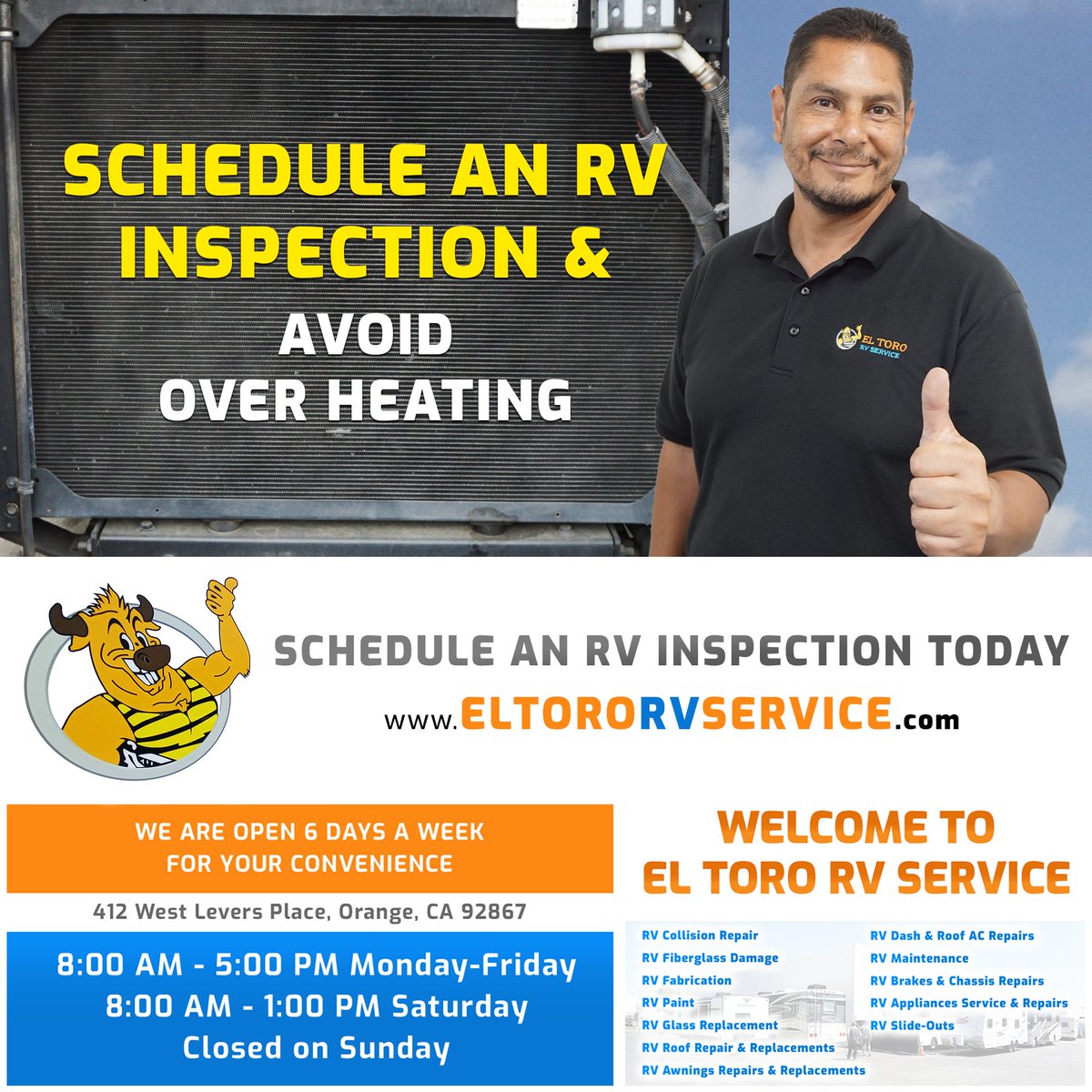 ELTORORVSERVICE's tweet image. Avoid RV overheating this summer! 🛠️
Start with a pro inspection at El Toro RV — it’s how we unlock expert diagnostics &amp;amp; repairs behind the scenes.
📍 Orange, CA
📞 (949) 830-1996
🔗 eltororvservice.com

#RVService #OrangeCountyRV #RVInspection #ElToroRV #SummerTravelReady