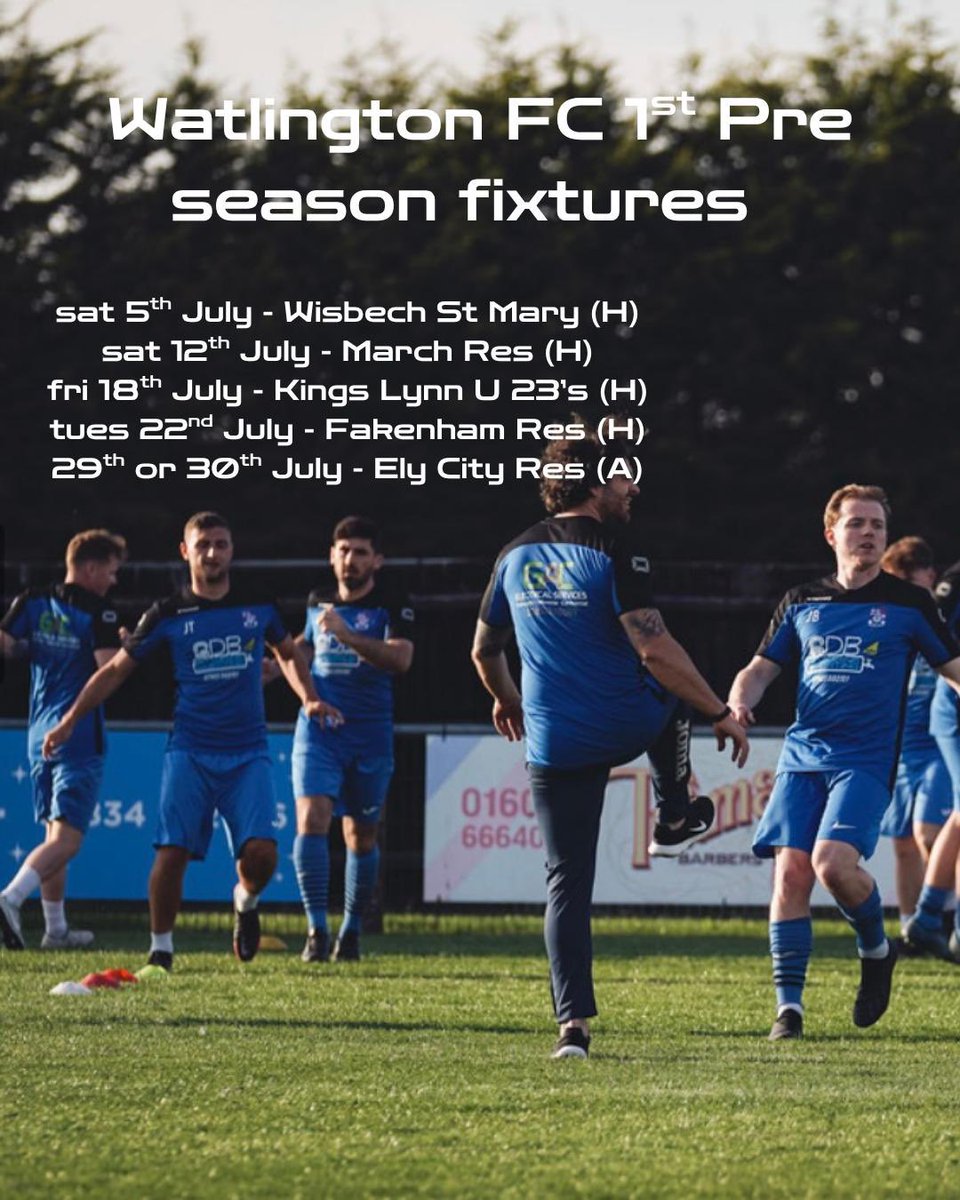 All of our pre season fixtures are now confirmed! 
Pre season training continues at Watlington playing field Wednesday evening 18:30. 
All new players are welcome.