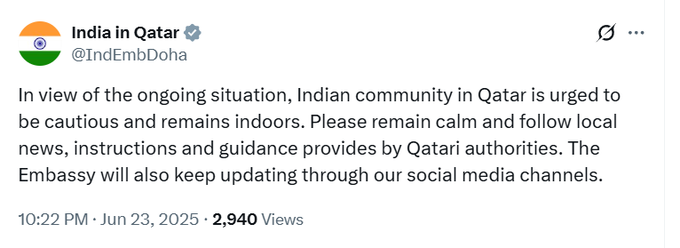 EconomicTimes's tweet photo. In view of the ongoing situation, Indian community in Qatar is urged to be cautious and remain indoors. Please remain calm and follow local news, instructions, and guidance provided by Qatari authorities. The Embassy will also keep updating through our social media channels: @IndEmbDoha |  🇮🇱⚔️🇮🇷 Israel Iran War News Live Updates ➠  https://t.co/xf6mXvNsVb