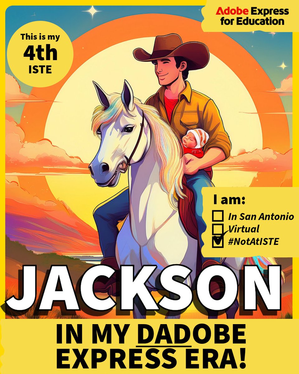 Jackson Shaad (@jacksonedtech) on Twitter photo I'll be missing y'all at #ISTELive25 this year as I embrace my "Dadobe" era on parental leave, but you better believe baby girl and I will be rocking our cowgirl & cowboy hats at home! 🤠🐄
My <a href="/AdobeForEdu/">Adobe For Education</a> teammates will be spreading creative joy at Booth #1926, and I've given I'll be missing y'all at #ISTELive25 this year as I embrace my "Dadobe" era on parental leave, but you better believe baby girl and I will be rocking our cowgirl & cowboy hats at home! 🤠🐄
My <a href="/AdobeForEdu/">Adobe For Education</a> teammates will be spreading creative joy at Booth #1926, and I've given