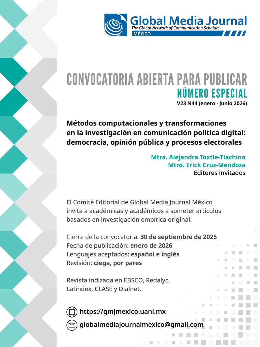 Sabemos que hay muchos estudiantes de #posgrado y #profesores que están realizando investigaciones importantes sobre estos temas. <a href="/alettoxtle/">Alejandra</a>

A ustedes: aquí tienen una plataforma para difundir sus resultados. #callforpapers 

👉🏾 gmjmexico.uanl.mx/index.php/GMJ_…