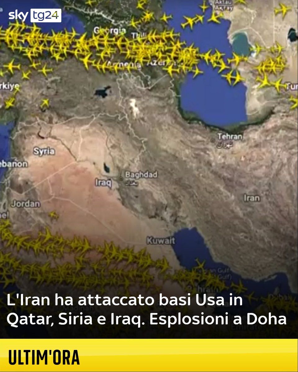 SkyTG24's tweet photo. L'Iran ha risposto agli attacchi americani delle scorse ore: i missili iraniani lanciati verso le basi americane in Qatar sono 10. Tutti gli aggiornamenti ➡️ https://t.co/BHsPptzuvS https://t.co/HSIV23b4za