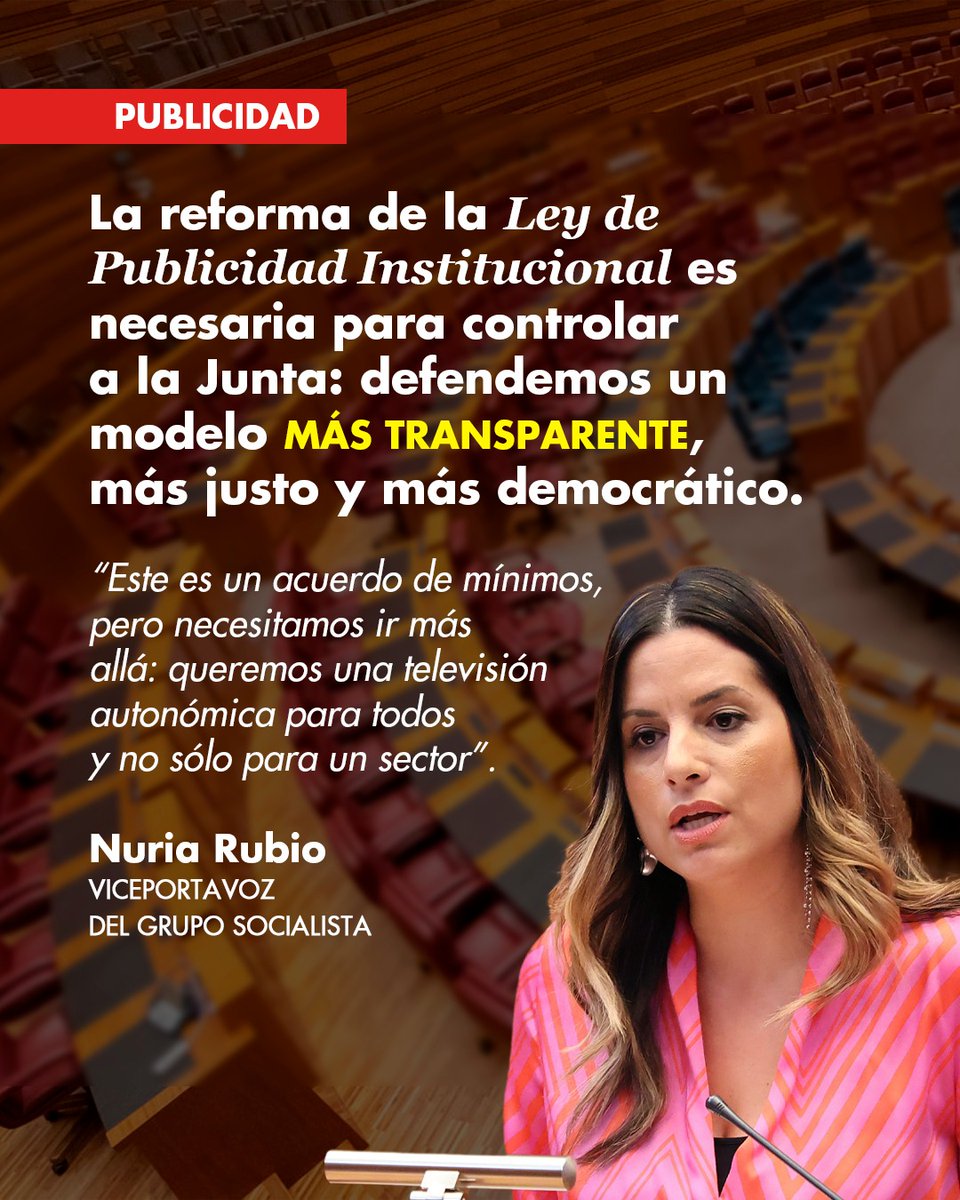 PSOE Castilla y León (@psoe_cyl) on Twitter photo <a href="/JPuenteAlcaraz/">Jesús Puente Alcaraz</a> <a href="/psoeburgos/">PSOE de Burgos</a> <a href="/psoepalencia/">PSOE de Palencia</a> <a href="/FerPablosRomo/">Fernando Pablos Romo</a> <a href="/javiergmart/">Javier García Martín</a> <a href="/psoevalladolid/">PSOE VALLADOLID</a> <a href="/jlvazquezpaz/">José Luis Vázquez</a> <a href="/ana_ridruejo/">Ana Casado Ridruejo</a> La reforma de la Ley de Publicidad Institucional es necesaria para controlar a la Junta y tener un modelo más transparente y justo.
✔️ Limitar las aportaciones a los medios.
✔️ Prohibir la contratación con medios condenados por difundir informaciones falsas o bulos.
✔️ Control <a href="/JPuenteAlcaraz/">Jesús Puente Alcaraz</a> <a href="/psoeburgos/">PSOE de Burgos</a> <a href="/psoepalencia/">PSOE de Palencia</a> <a href="/FerPablosRomo/">Fernando Pablos Romo</a> <a href="/javiergmart/">Javier García Martín</a> <a href="/psoevalladolid/">PSOE VALLADOLID</a> <a href="/jlvazquezpaz/">José Luis Vázquez</a> <a href="/ana_ridruejo/">Ana Casado Ridruejo</a> La reforma de la Ley de Publicidad Institucional es necesaria para controlar a la Junta y tener un modelo más transparente y justo.
✔️ Limitar las aportaciones a los medios.
✔️ Prohibir la contratación con medios condenados por difundir informaciones falsas o bulos.
✔️ Control
