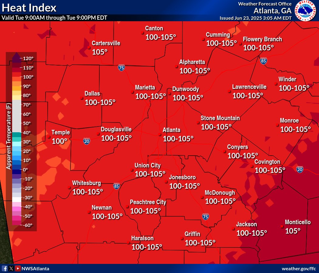 AFCEMA's tweet image. Our first significant heat blast is here, with heat index values near 105° expected this week. Here are some tips for keeping you safe during the heat.