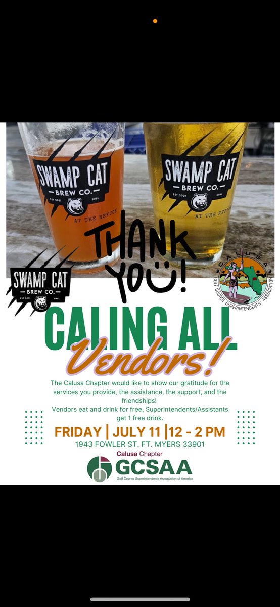 Come join the Calusa GCSA for our Vendor Appreciation Event. All Calusa members are welcome to attend. We extend our gratitude to all of our vendors who support our chapter and its events.