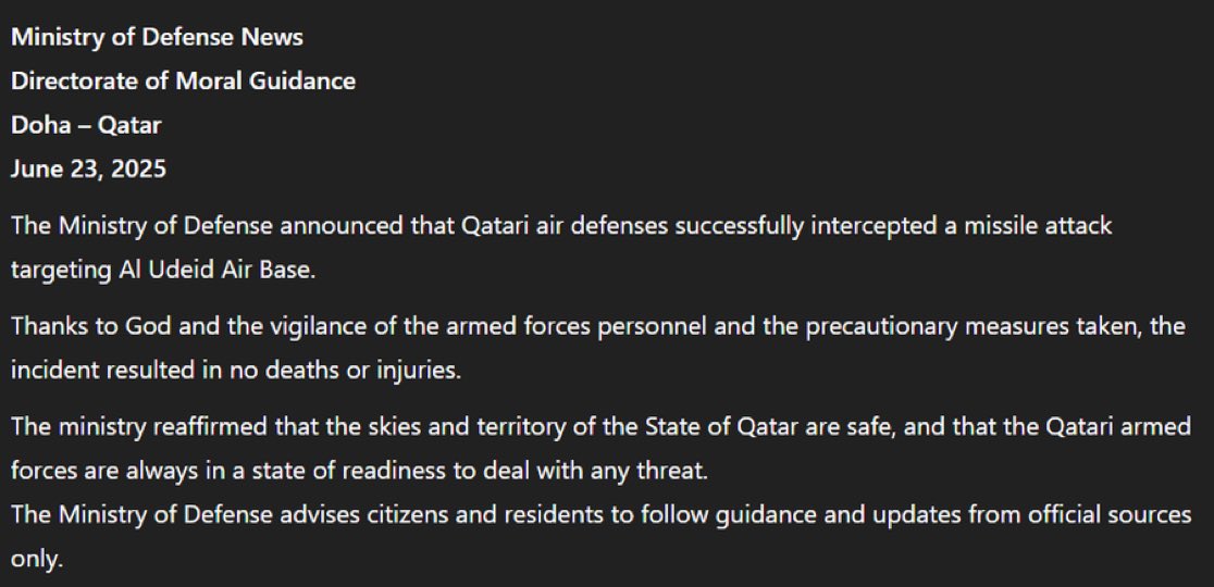 TheDailySnitch's tweet image. Ministry of Defense says Qatar successfully intercepted Iranian missile attack targeting Al Udeid Air Base; no casualties reported.

#AlUdeidAirBase #IranIsraelConflict #Iran #IsraelIranConflict White House Situation Room  Doha Qatar Al Udeid Air Base IAEA