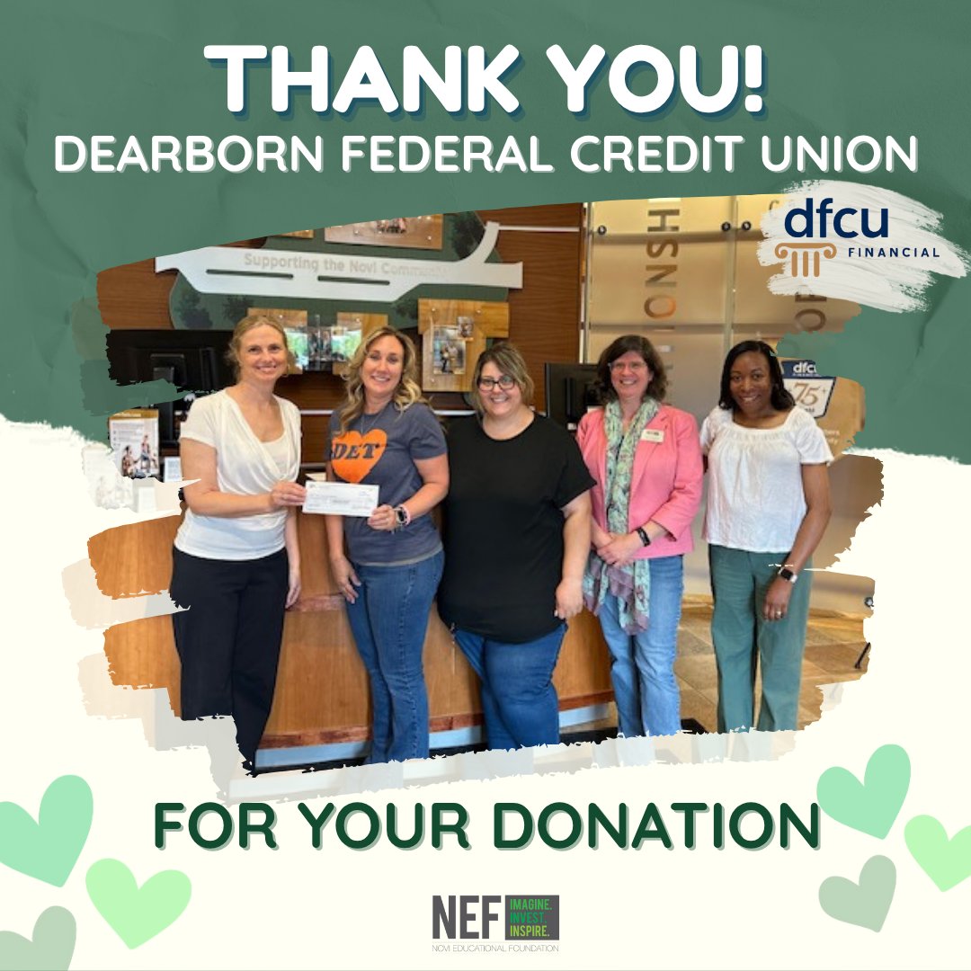 Thanks to Dearborn Federal Credit Union for your $3000 donation to Novi Educational Foundation for Novi Schools. We are so thankful for your generosity.
#DFCU #DearbornFederalCreditUnion #NEF #NCSD #NoviSchools