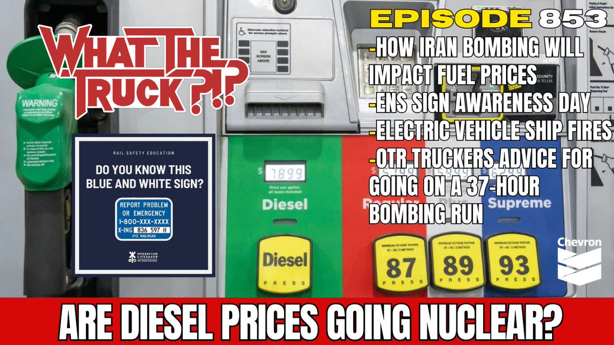 TimothyDooner's tweet photo. Now playing: Will diesel prices go nuclear; electric vehicle ship fires; ENS sign awareness | WHAT THE TRUCK?!? presented by Chevron
Now on demand on EP853 of WTT

Rundown:
- 00:35 RIP Fred Smith
- 02:47 Long haul trucker advice for bomber pilots
- 06:14Are diesel prices going nuclear? | @FreightWaves @JohnHKingston 
- 15:13 Workforce trends | @Travelers  Mark Borchert
- 24:16 Electric vehicle ship fires | @OECGroup  Joseph Klobus
- 34:37 ENS sign awareness day | @olinational  Jennifer DeAngelis

Watch it now here: https://t.co/4mzZsxE6fe

Or look up WHAT THE TRUCK?!? wherever you get podcasts and FreightWaves' YouTube
Radio replay at 6PM ET on SiriusXMs @RoadDogTrucking  ch146

We'll be back WED at 12PM ET with @FreightAlley