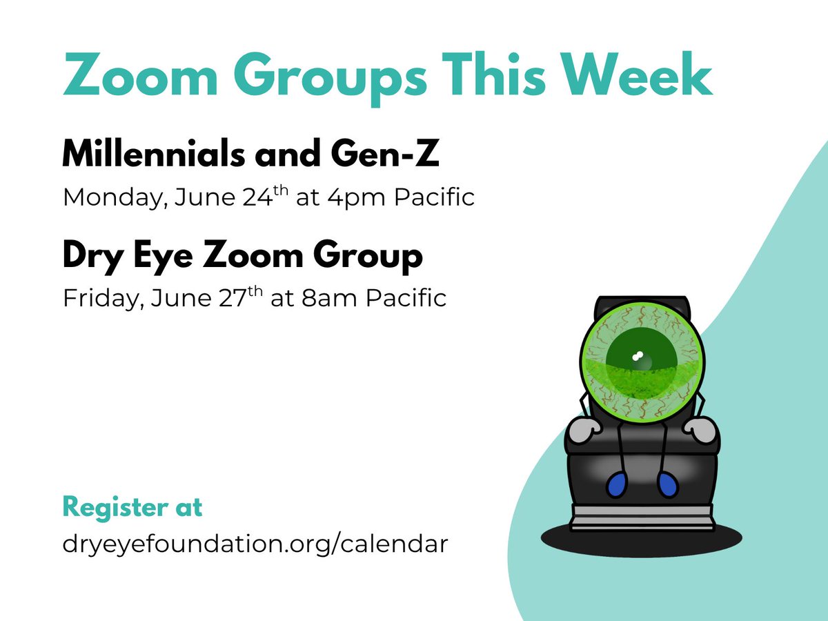 Zoom groups are a great opportunity to get support, connect with fellow dry eye patients, and get advice!
Millennials and Gen-Z: Tuesday 6/24 at 4pm Pacific 
Dry Eye Zoom Group: Friday 6/27 at 8am Pacific 

Register at buff.ly/CPYGO6M

#supportgroup #dryeye #dryeyedisease