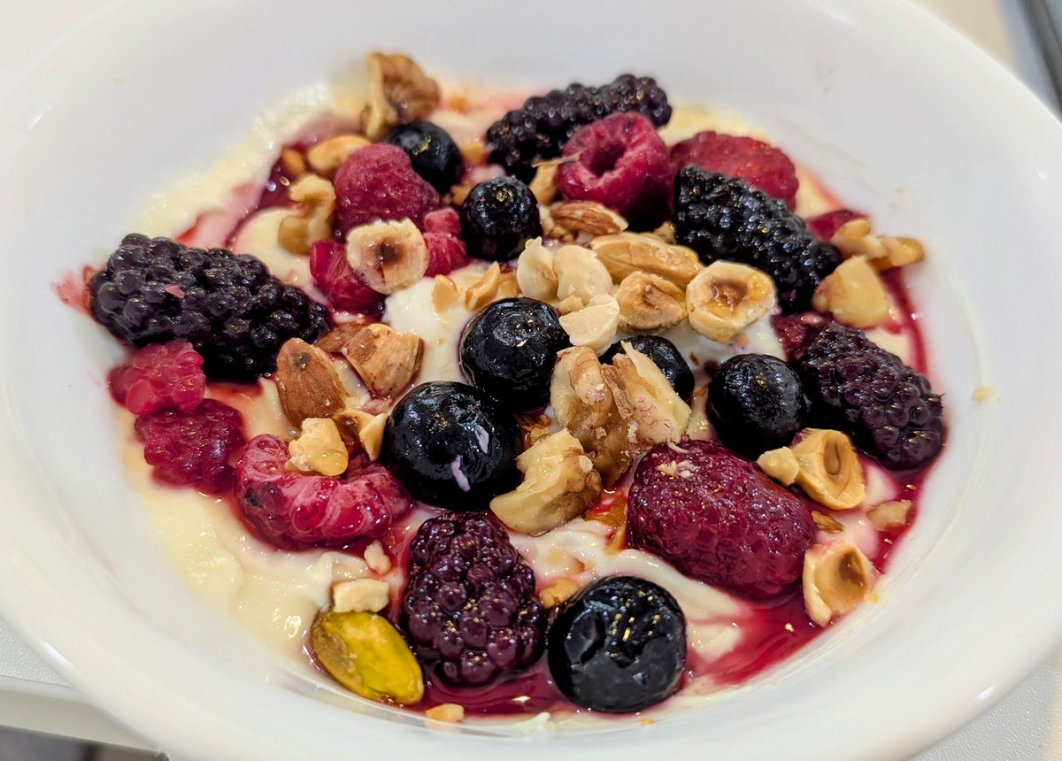 Protein Greek yogurt, frozen berries and mixed nuts
