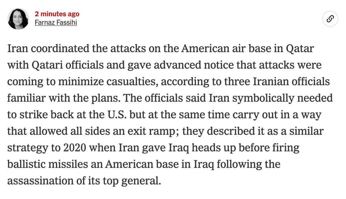 🇺🇸🇮🇷 El New York Times publica, citando a fuentes iraníes, que el ataque había sido previamente coordinado con Qatar. El ataque tendría una naturaleza simbólica al igual que el realizado contra la base de Ayn Al Assad en Iraq tras el asesinato de Qassem Soleimani en 2020.