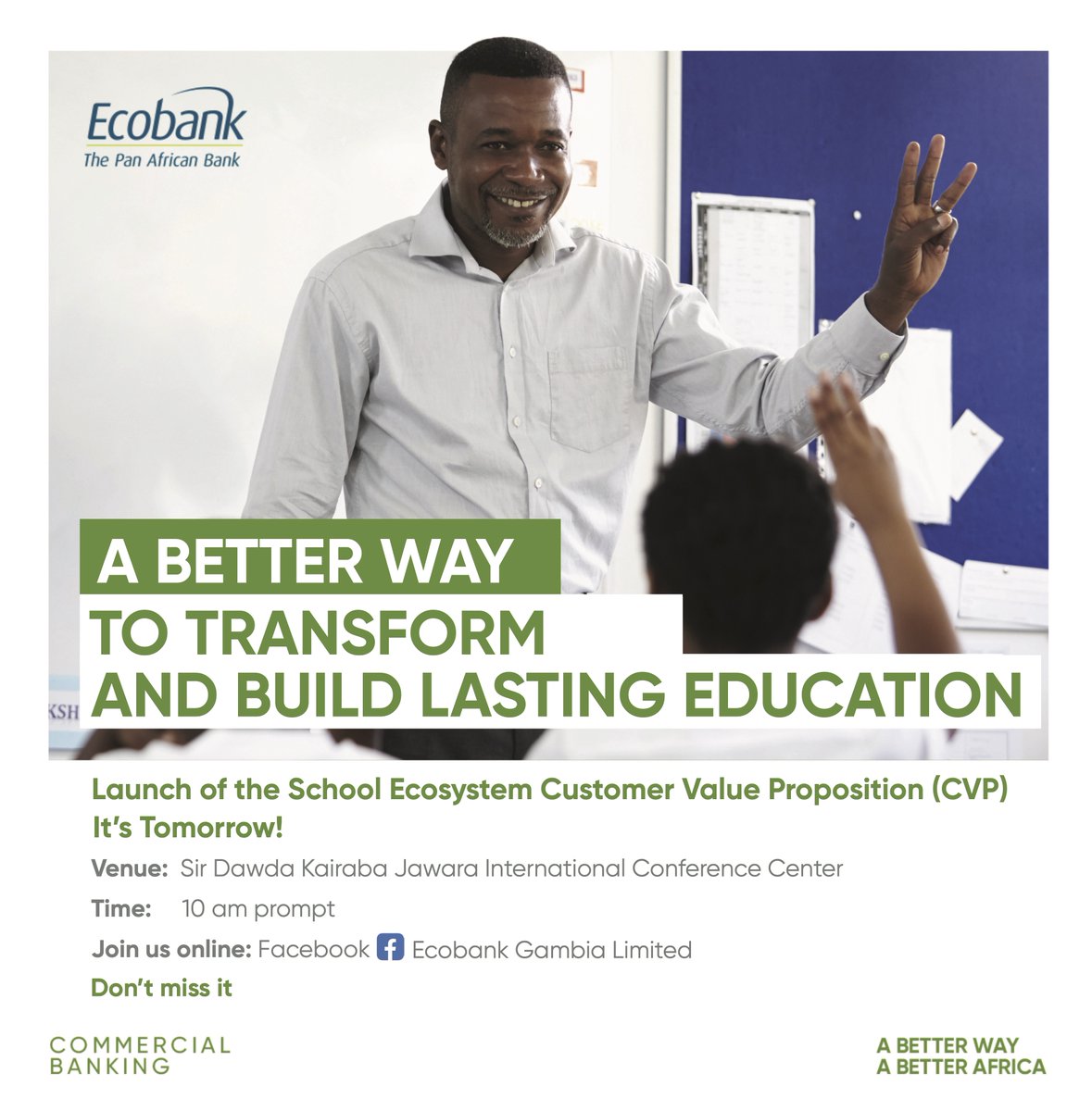 Ecobank Gambia Limited (@ecobankgambia) on Twitter photo It’s Tomorrow!
We’re launching our School Ecosystem CVP this Tuesday, 24th June at 10am! Theme: “Transforming and Building Lasting Education”
Join the livestream on <a href="/EcobankGambia/">Ecobank Gambia Limited</a> Facebook page and be part of the movement to reshape the future of education in The Gambia. It’s Tomorrow!
We’re launching our School Ecosystem CVP this Tuesday, 24th June at 10am! Theme: “Transforming and Building Lasting Education”
Join the livestream on <a href="/EcobankGambia/">Ecobank Gambia Limited</a> Facebook page and be part of the movement to reshape the future of education in The Gambia.