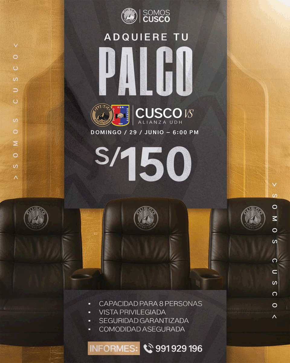 🗣️¡Adquiere tu palco y disfruta un gran espectaculo con toda la familia! 💛

⚽️ El mejor fútbol con la mejor vista 🤩

📲 Informes: 991 929 196 o wa.me/51991929196

#SomosCusco