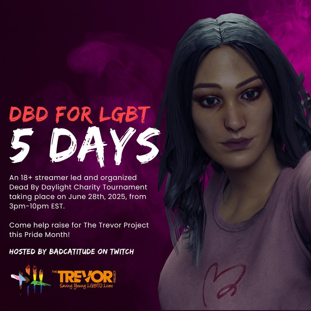 badcatitude_'s tweet image. Only 5 days left before Year 3 of DBD for LGBTQIA2S+ 2025! Over 50 members of the @DeadbyDaylight Community are going to help raise for @TrevorProject!

So far, we’ve been able to raise $9.8k. This year we want to bring that total to $15k!

Join us on June 28th, 3pm-10pm EDT