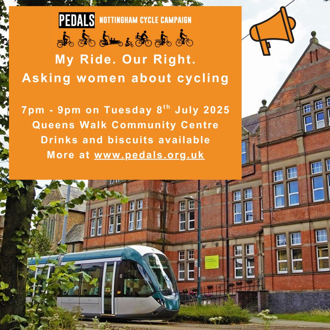 We are holding an event asking women about cycling.  After <a href="/WeAreCyclingUK/">Cycling UK</a>'s My Ride. Our Right campaign, we want to hear further details from women in the local area.  What can be done here in Nottingham?  More info here:  
pedals.org.uk/2025/06/23/myr…