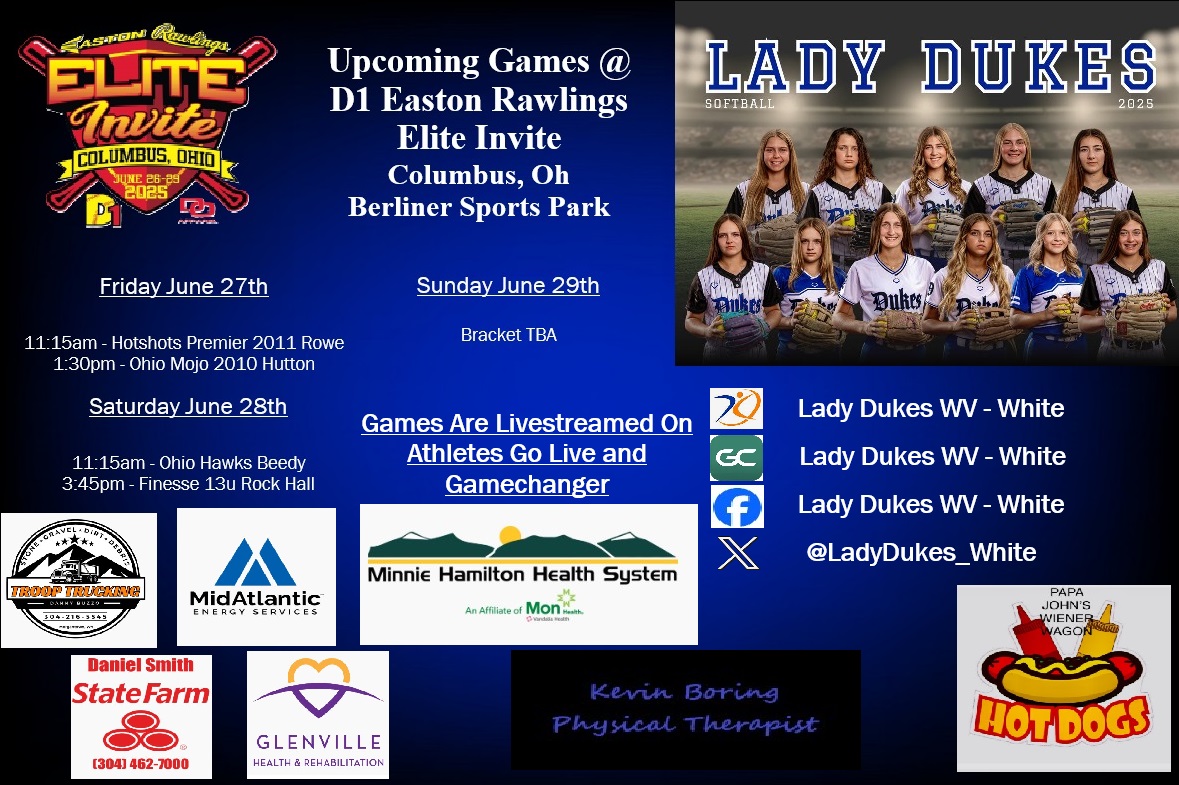 LadyDukes_White's tweet photo. Next Up for our Lady Dukes we will be in Columbus Ohio at the Easton Rawlings Elite Invite this weekend. These girls are ready to get on the field again to show their skills. Excited to see how the weekend goes. Thank you to our sponsors. https://t.co/9l3ZvDkk57