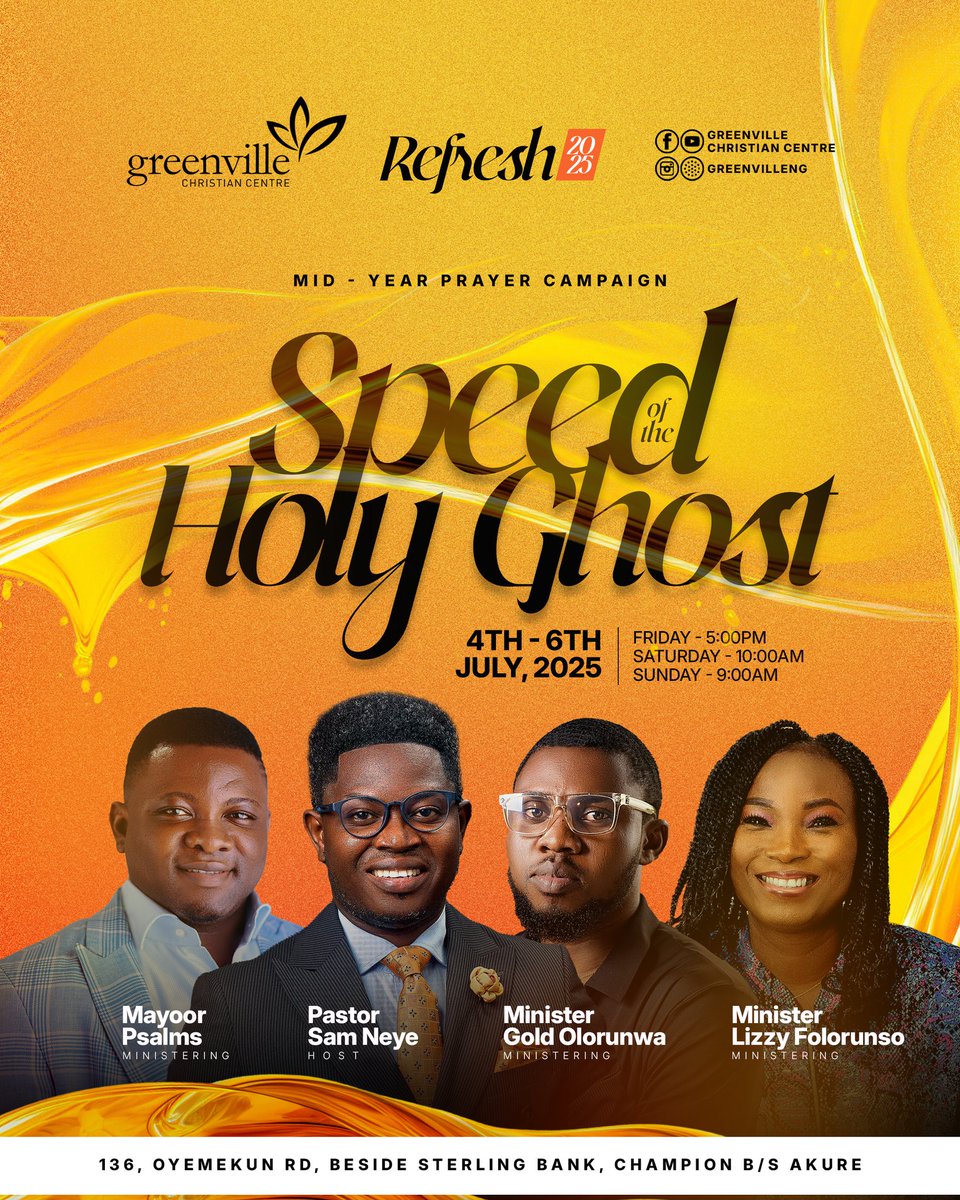 greenville_ng's tweet photo. We started the year with the theme “Soar”, and now we are set to be launched into the second half of the year prophetically. Get ready to experience the supernatural like never before!

Refresh 2025 is here!! And this season, God has given us the theme “Speed of The Holy Ghost”. https://t.co/UuQPaA406T